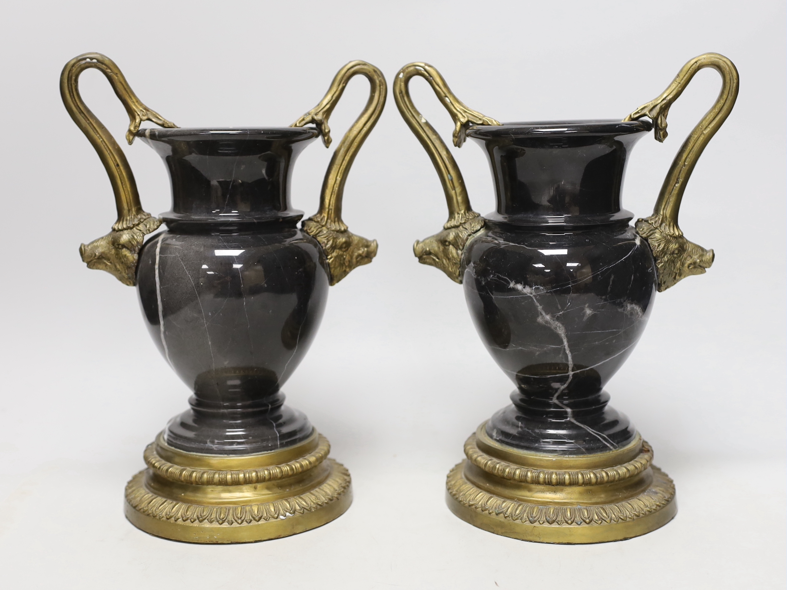 A pair of late 19th century ormolu and marble vases, 28cm